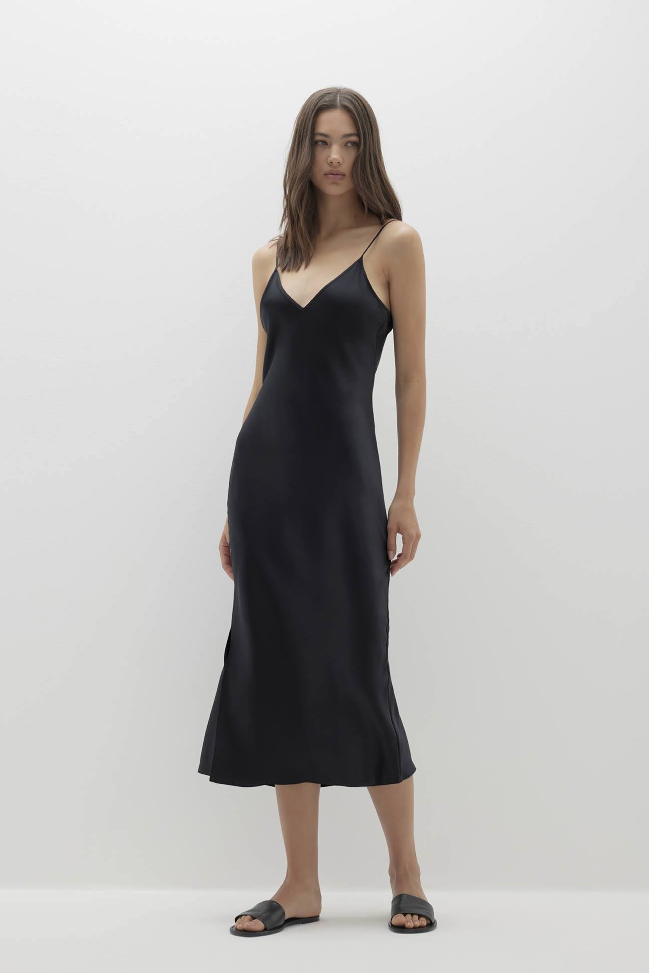 silk midi dress black Women's Silk Midi Dress V-Neck Sleeveless