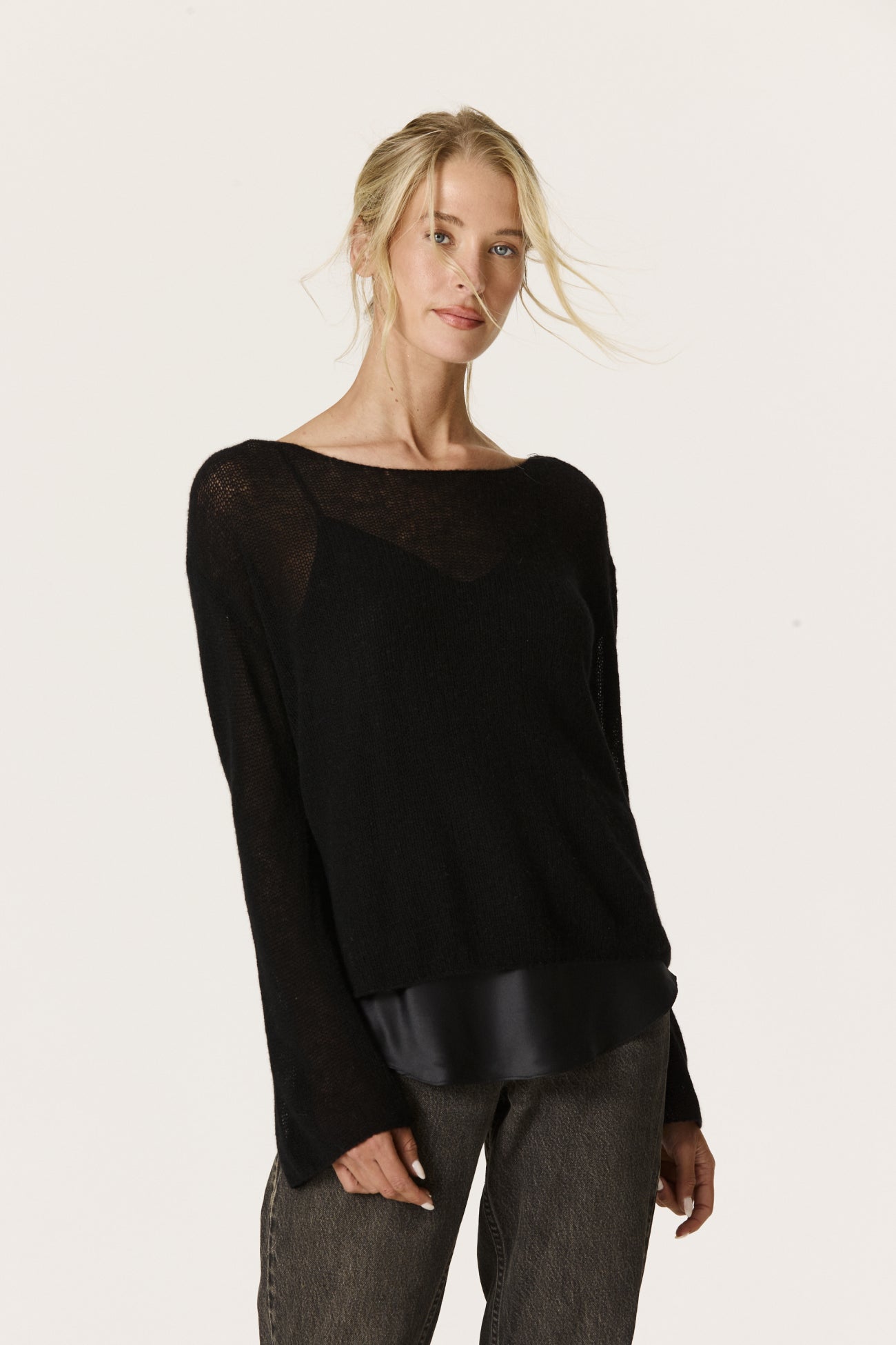 TANYA CASHMERE OPEN KNIT SWEATER - BLACK