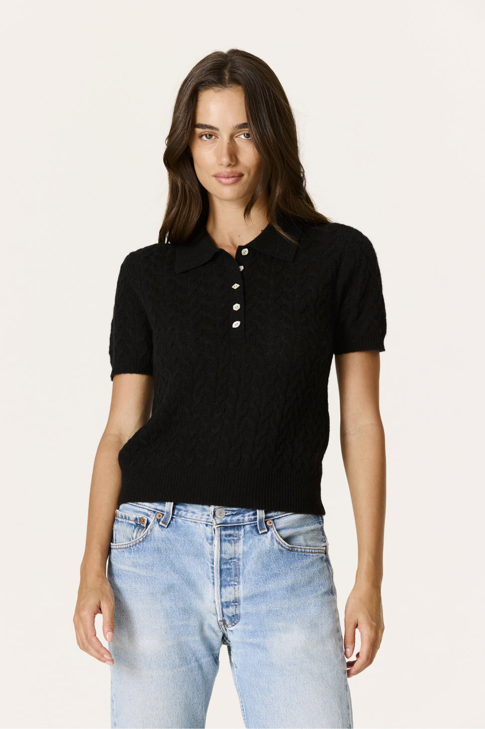 GEIRA CASHMERE CABLEKNIT POLO - BLACK