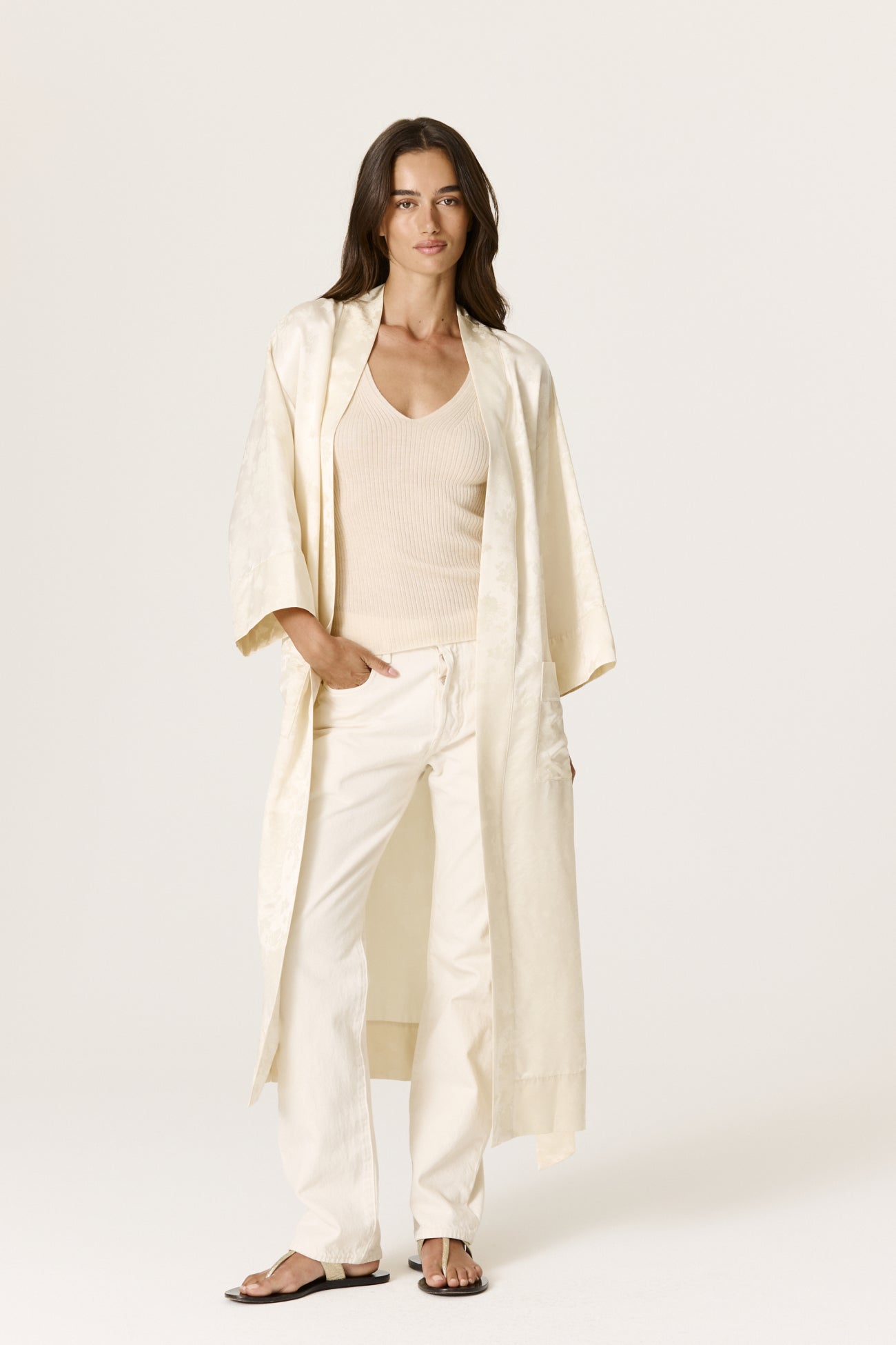 IONA FLORAL JACQUARD SILK BLEND ROBE - ECRU